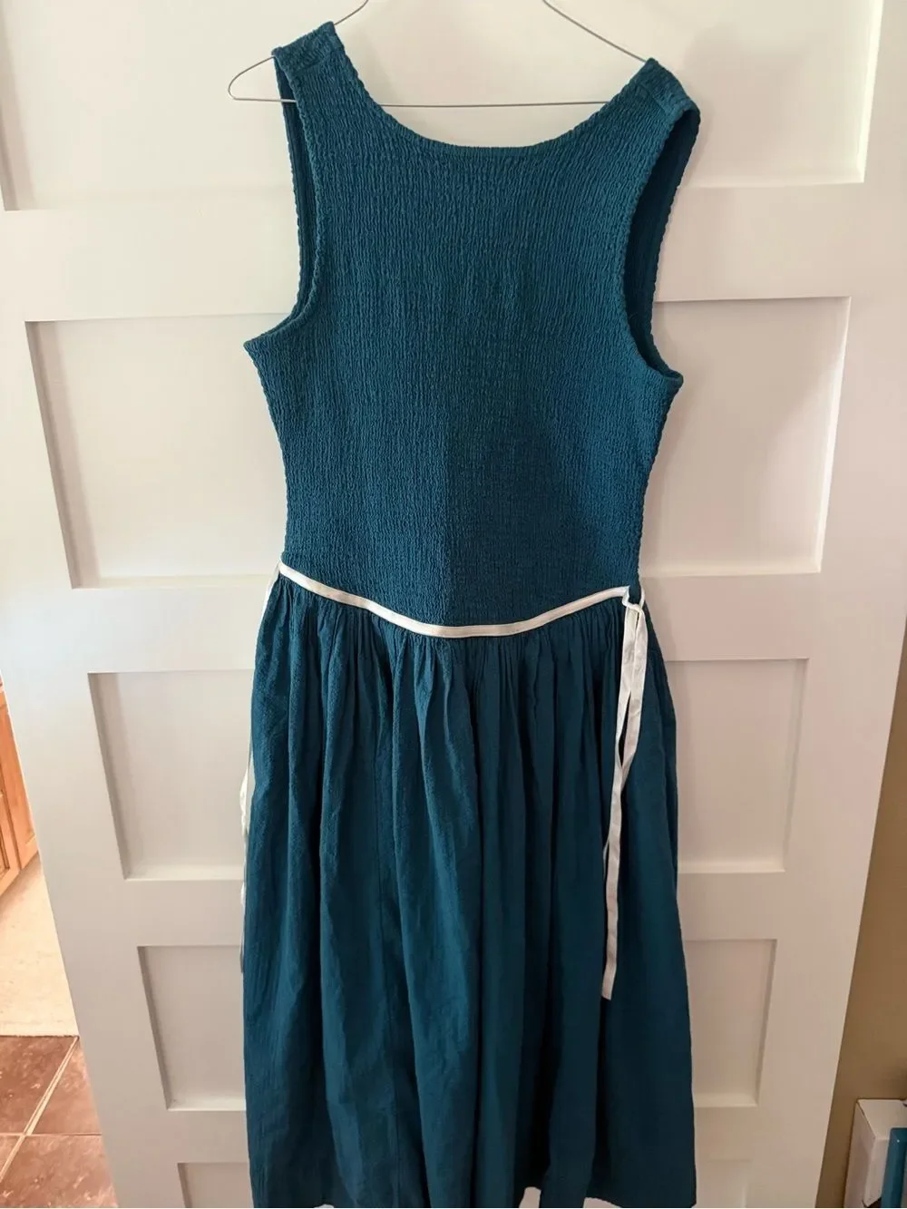 Free People Nightingale Seersucker Teal Sleeveless Boho Midi Dress Scoop Back
